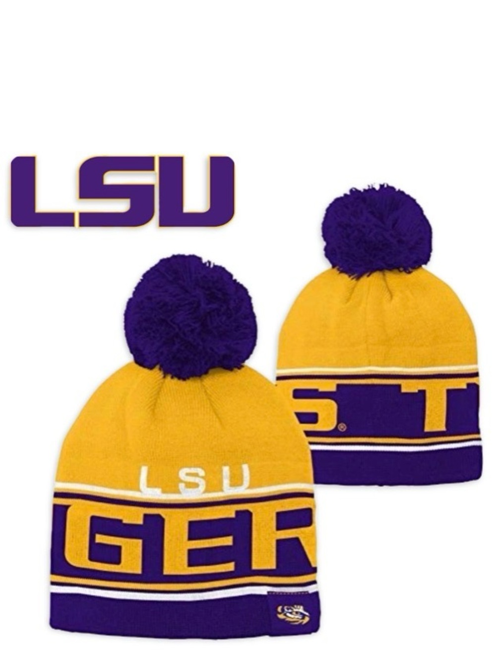 NWT [Gen2] LSU Louisiana State Tigers NCAA Cuffless Pom Beanie Hat Youth 8-20 OS
